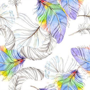 Colorful bird feather from wing isolated. Watercolor background illustration set. Watercolour drawing fashion aquarelle isolated. Seamless background pattern. Fabric wallpaper print texture. clipart