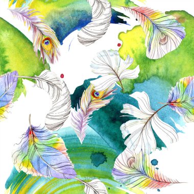 Renkli kuş tüyü izole Wing. Suluboya arka plan illüstrasyon küme. Suluboya çizim moda aquarelle izole. Sorunsuz arka plan deseni. Kumaş duvar kağıdı yazdırma doku.