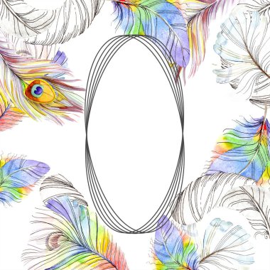 Renkli kuş tüyü izole Wing. Aquarelle tüy çerçeve veya kenarlık için. Suluboya arka plan illüstrasyon küme. Suluboya çizim moda aquarelle. Çerçeve kenarlığı süsleme Meydanı.