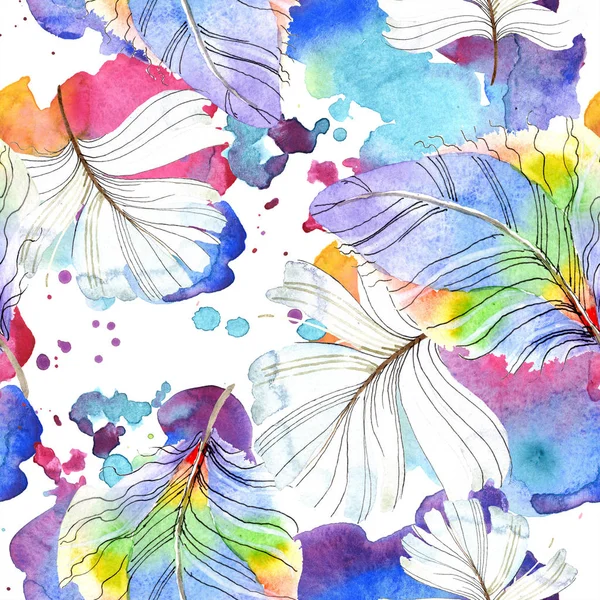 Kleurrijke Vogel Veren Van Vleugel Geïsoleerd Aquarel Achtergrond Afbeelding Instellen — Stockfoto