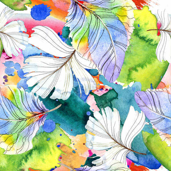 Colorful bird feather from wing isolated. Watercolor background illustration set. Watercolour drawing fashion aquarelle isolated. Seamless background pattern. Fabric wallpaper print texture.