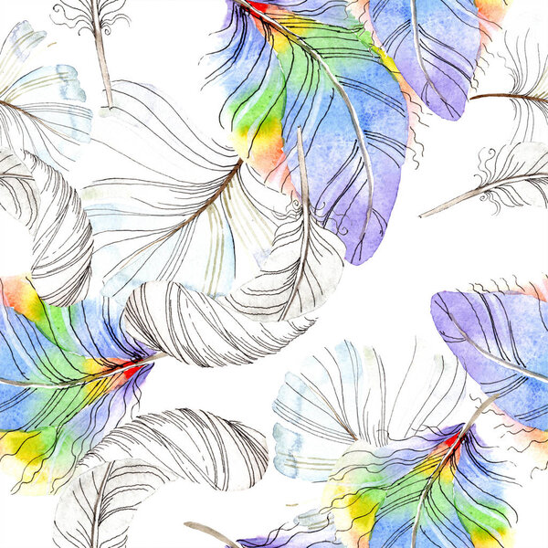 Colorful bird feather from wing isolated. Watercolor background illustration set. Watercolour drawing fashion aquarelle isolated. Seamless background pattern. Fabric wallpaper print texture.