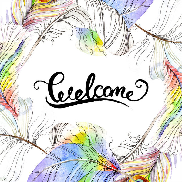 Красочное птичье перо из изолированного крыла. Перо Aquarelle для рамки или границы. Набор акварельных фонов. Акварель для рисования акварелью. Граничный орнамент
.