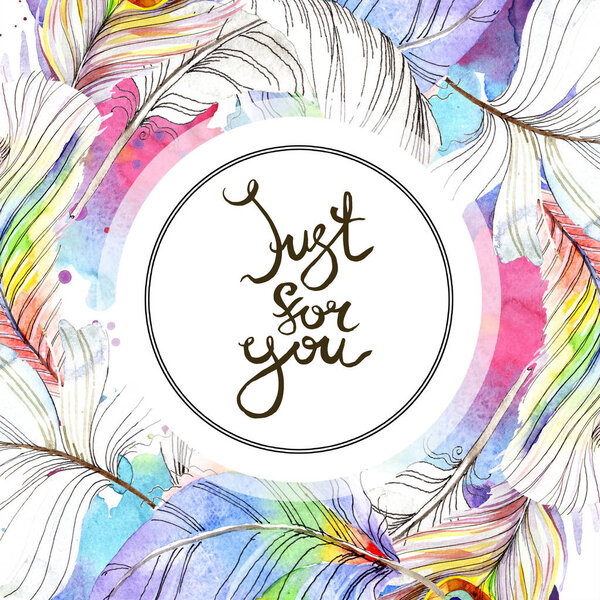 Colorful bird feather from wing isolated. Aquarelle feather for frame or border. Watercolor background illustration set. Watercolour drawing fashion aquarelle. Frame border ornament square.