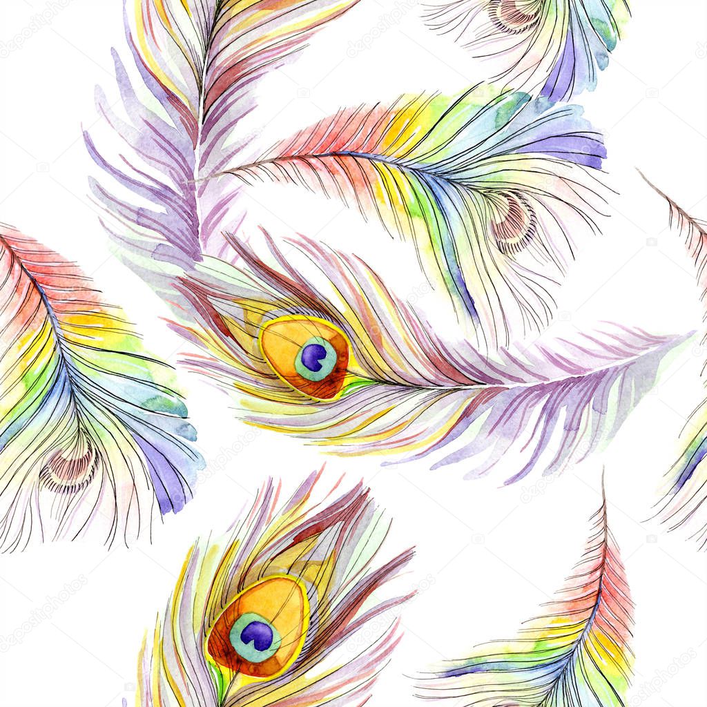 Colorful bird feather from wing isolated. Watercolor background illustration set. Watercolour drawing fashion aquarelle isolated. Seamless background pattern. Fabric wallpaper print texture.