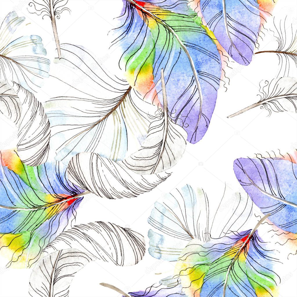 Colorful bird feather from wing isolated. Watercolor background illustration set. Watercolour drawing fashion aquarelle isolated. Seamless background pattern. Fabric wallpaper print texture.