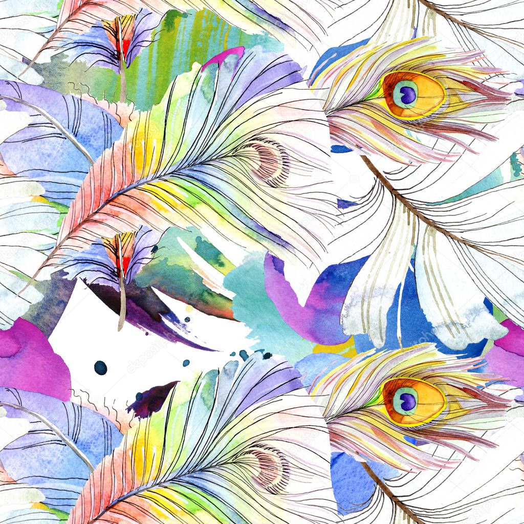 Colorful bird feather from wing isolated. Watercolor background illustration set. Watercolour drawing fashion aquarelle isolated. Seamless background pattern. Fabric wallpaper print texture.