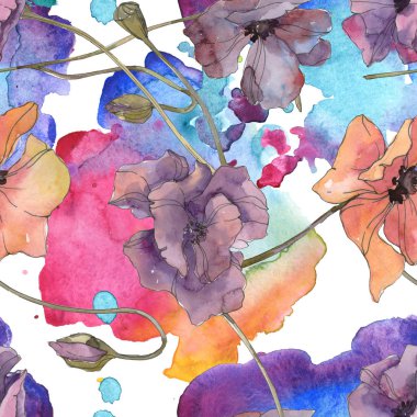 Kırmızı ve mor haşhaş botanik çiçek. Vahşi bahar yaprak izole. Suluboya resim kümesi. Suluboya çizim aquarelle. Sorunsuz arka plan deseni. Kumaş duvar kağıdı yazdırma doku.