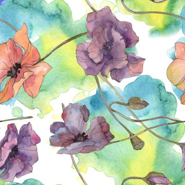 Kırmızı ve mor haşhaş botanik çiçek. Vahşi bahar yaprak izole. Suluboya resim kümesi. Suluboya çizim aquarelle. Sorunsuz arka plan deseni. Kumaş duvar kağıdı yazdırma doku.
