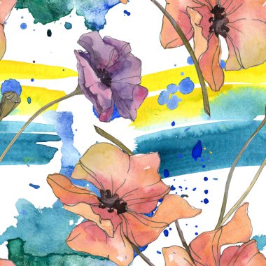Kırmızı ve mor haşhaş botanik çiçek. Vahşi bahar yaprak izole. Suluboya resim kümesi. Suluboya çizim aquarelle. Sorunsuz arka plan deseni. Kumaş duvar kağıdı yazdırma doku.