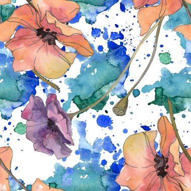 Kırmızı ve mor haşhaş botanik çiçek. Vahşi bahar yaprak izole. Suluboya resim kümesi. Suluboya çizim aquarelle. Sorunsuz arka plan deseni. Kumaş duvar kağıdı yazdırma doku.