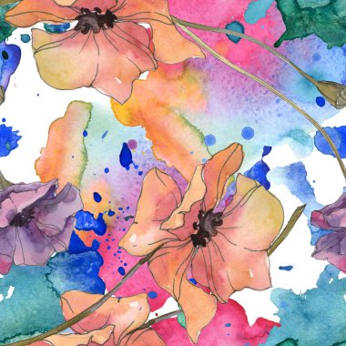 Kırmızı ve mor haşhaş botanik çiçek. Vahşi bahar yaprak izole. Suluboya resim kümesi. Suluboya çizim aquarelle. Sorunsuz arka plan deseni. Kumaş duvar kağıdı yazdırma doku.