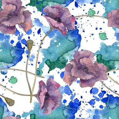 Kırmızı ve mor haşhaş botanik çiçek. Vahşi bahar yaprak izole. Suluboya resim kümesi. Suluboya çizim aquarelle. Sorunsuz arka plan deseni. Kumaş duvar kağıdı yazdırma doku.