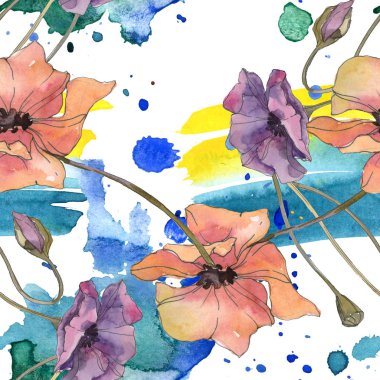 Kırmızı ve mor haşhaş botanik çiçek. Vahşi bahar yaprak izole. Suluboya resim kümesi. Suluboya çizim aquarelle. Sorunsuz arka plan deseni. Kumaş duvar kağıdı yazdırma doku.