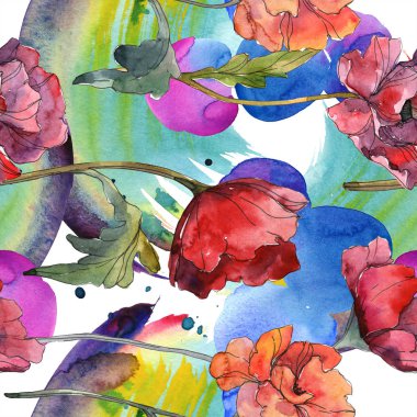 Kırmızı haşhaş botanik çiçek. Vahşi bahar yaprak. Suluboya resim kümesi. Suluboya çizim moda aquarelle izole. Sorunsuz arka plan deseni. Kumaş duvar kağıdı yazdırma doku.