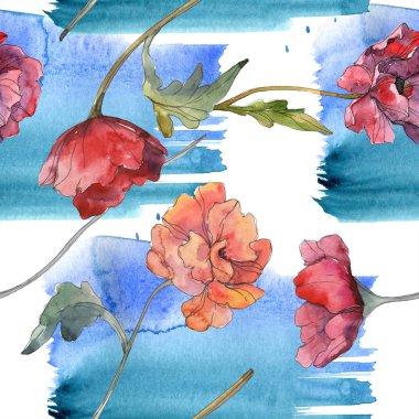 Kırmızı haşhaş botanik çiçek. Vahşi bahar yaprak. Suluboya resim kümesi. Suluboya çizim moda aquarelle izole. Sorunsuz arka plan deseni. Kumaş duvar kağıdı yazdırma doku.