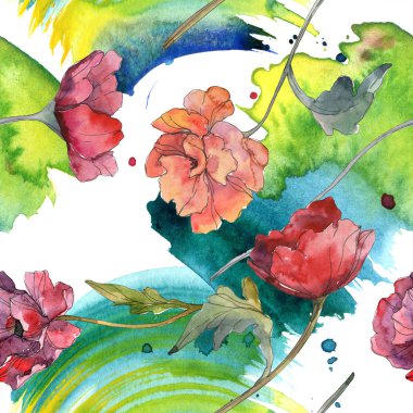 Kırmızı haşhaş botanik çiçek. Vahşi bahar yaprak. Suluboya resim kümesi. Suluboya çizim moda aquarelle izole. Sorunsuz arka plan deseni. Kumaş duvar kağıdı yazdırma doku.