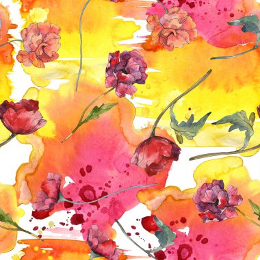 Kırmızı haşhaş botanik çiçek. Vahşi bahar yaprak. Suluboya resim kümesi. Suluboya çizim moda aquarelle izole. Sorunsuz arka plan deseni. Kumaş duvar kağıdı yazdırma doku.