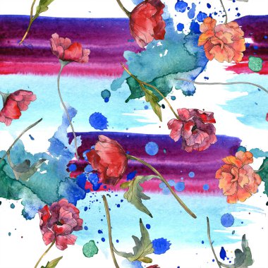 Kırmızı haşhaş botanik çiçek. Vahşi bahar yaprak. Suluboya resim kümesi. Suluboya çizim moda aquarelle izole. Sorunsuz arka plan deseni. Kumaş duvar kağıdı yazdırma doku.
