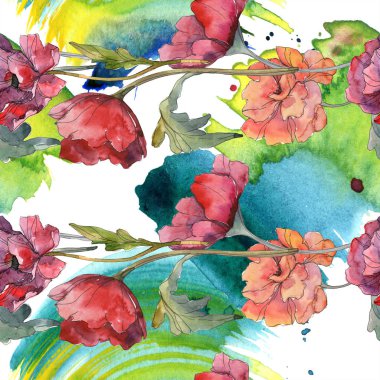 Kırmızı haşhaş botanik çiçek. Vahşi bahar yaprak. Suluboya resim kümesi. Suluboya çizim moda aquarelle izole. Sorunsuz arka plan deseni. Kumaş duvar kağıdı yazdırma doku.