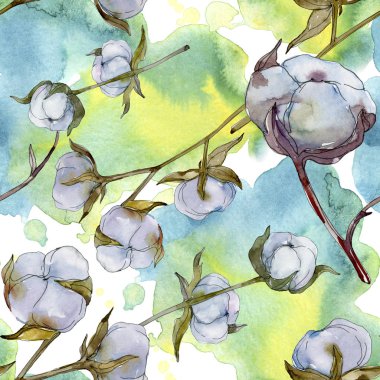 Beyaz pamuklu botanik çiçek. Vahşi bahar yaprak kır çiçeği. Suluboya resim kümesi. Suluboya çizim moda aquarelle izole. Sorunsuz arka plan deseni. Kumaş duvar kağıdı yazdırma doku.