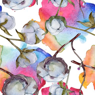Beyaz pamuklu botanik çiçek. Vahşi bahar yaprak kır çiçeği. Suluboya resim kümesi. Suluboya çizim moda aquarelle izole. Sorunsuz arka plan deseni. Kumaş duvar kağıdı yazdırma doku.