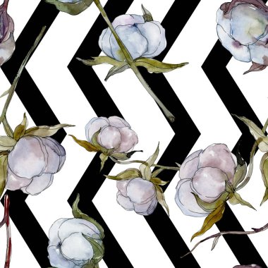 Beyaz pamuklu botanik çiçek. Vahşi bahar yaprak kır çiçeği. Suluboya resim kümesi. Suluboya çizim moda aquarelle izole. Sorunsuz arka plan deseni. Kumaş duvar kağıdı yazdırma doku.