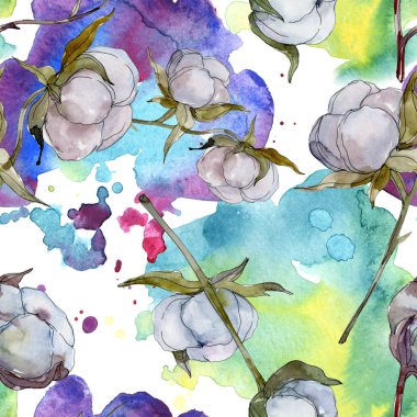 Beyaz pamuklu botanik çiçek. Vahşi bahar yaprak kır çiçeği. Suluboya resim kümesi. Suluboya çizim moda aquarelle izole. Sorunsuz arka plan deseni. Kumaş duvar kağıdı yazdırma doku.