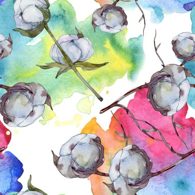 Beyaz pamuklu botanik çiçek. Vahşi bahar yaprak kır çiçeği. Suluboya resim kümesi. Suluboya çizim moda aquarelle izole. Sorunsuz arka plan deseni. Kumaş duvar kağıdı yazdırma doku.