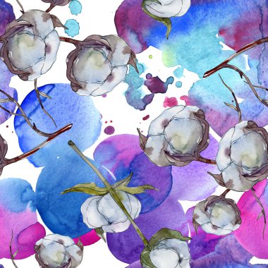 Beyaz pamuklu botanik çiçek. Vahşi bahar yaprak kır çiçeği. Suluboya resim kümesi. Suluboya çizim moda aquarelle izole. Sorunsuz arka plan deseni. Kumaş duvar kağıdı yazdırma doku.