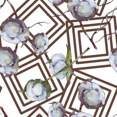 Beyaz pamuklu botanik çiçek. Vahşi bahar yaprak kır çiçeği. Suluboya resim kümesi. Suluboya çizim moda aquarelle izole. Sorunsuz arka plan deseni. Kumaş duvar kağıdı yazdırma doku.