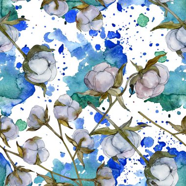 Beyaz pamuklu botanik çiçek. Vahşi bahar yaprak kır çiçeği. Suluboya resim kümesi. Suluboya çizim moda aquarelle izole. Sorunsuz arka plan deseni. Kumaş duvar kağıdı yazdırma doku.
