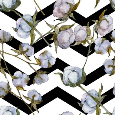 Beyaz pamuklu botanik çiçek. Vahşi bahar yaprak kır çiçeği. Suluboya resim kümesi. Suluboya çizim moda aquarelle izole. Sorunsuz arka plan deseni. Kumaş duvar kağıdı yazdırma doku.