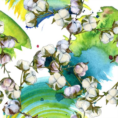 Pamuk botanik çiçek. Vahşi bahar yaprak kır çiçeği. Suluboya resim kümesi. Suluboya çizim moda aquarelle izole. Sorunsuz arka plan deseni. Kumaş duvar kağıdı yazdırma doku.
