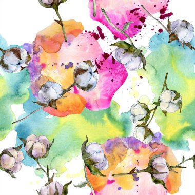 Pamuk botanik çiçek. Vahşi bahar yaprak kır çiçeği. Suluboya resim kümesi. Suluboya çizim moda aquarelle izole. Sorunsuz arka plan deseni. Kumaş duvar kağıdı yazdırma doku.