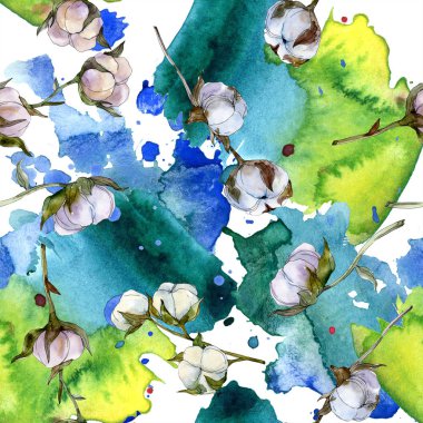 Pamuk botanik çiçek. Vahşi bahar yaprak kır çiçeği. Suluboya resim kümesi. Suluboya çizim moda aquarelle izole. Sorunsuz arka plan deseni. Kumaş duvar kağıdı yazdırma doku.