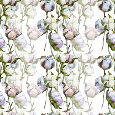 Cotton floral botanical flower. Wild spring leaf wildflower. Watercolor illustration set. Watercolour drawing fashion aquarelle isolated. Seamless background pattern. Fabric wallpaper print texture. clipart