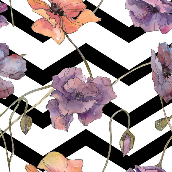 Red and purple poppy floral botanical flower. Wild spring leaf isolated. Watercolor illustration set. Watercolour drawing aquarelle. Seamless background pattern. Fabric wallpaper print texture.