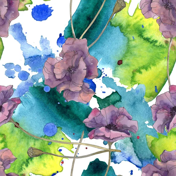 红色和紫色罂粟花卉植物花 被隔绝的狂放的春天叶子 水彩插图集 水彩画水族馆 无缝的背景模式 织物壁纸打印纹理 — 图库照片