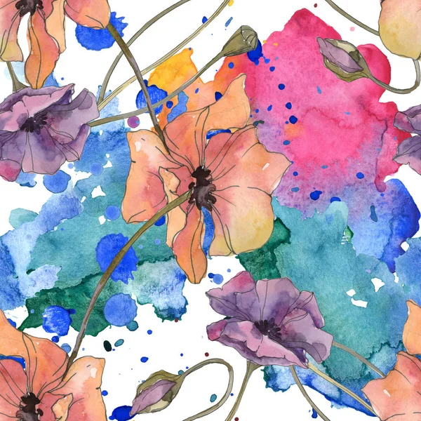 赤と紫ケシ花植物の花 野生春葉が分離されました 水彩イラスト セット 水彩描画 Aquarelle シームレスな背景パターン 壁紙印刷手触りの生地 — ストック写真