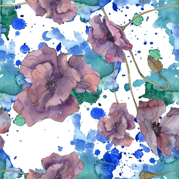 Kırmızı ve mor haşhaş botanik çiçek. Vahşi bahar yaprak izole. Suluboya resim kümesi. Suluboya çizim aquarelle. Sorunsuz arka plan deseni. Kumaş duvar kağıdı yazdırma doku.