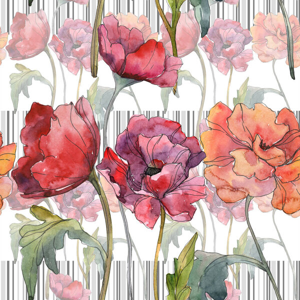 Red poppy floral botanical flower. Wild spring leaf. Watercolor illustration set. Watercolour drawing fashion aquarelle isolated. Seamless background pattern. Fabric wallpaper print texture.