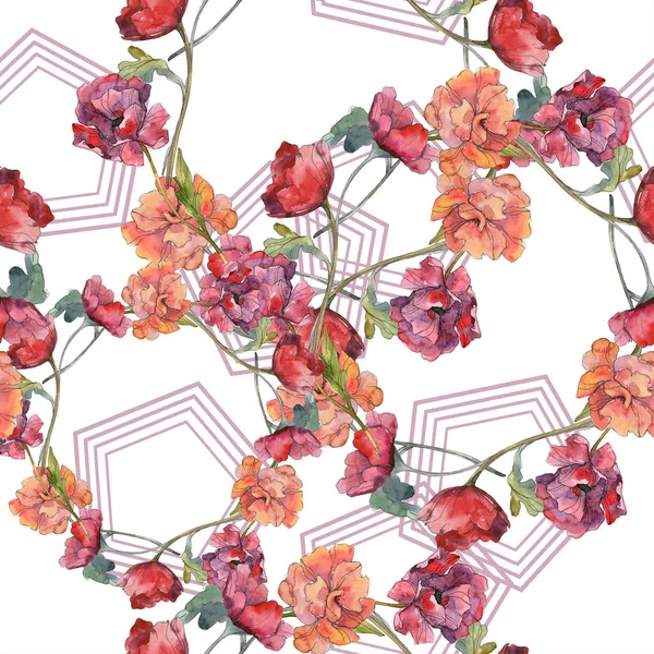 Kırmızı haşhaş botanik çiçek. Vahşi bahar yaprak. Suluboya resim kümesi. Suluboya çizim moda aquarelle izole. Sorunsuz arka plan deseni. Kumaş duvar kağıdı yazdırma doku.