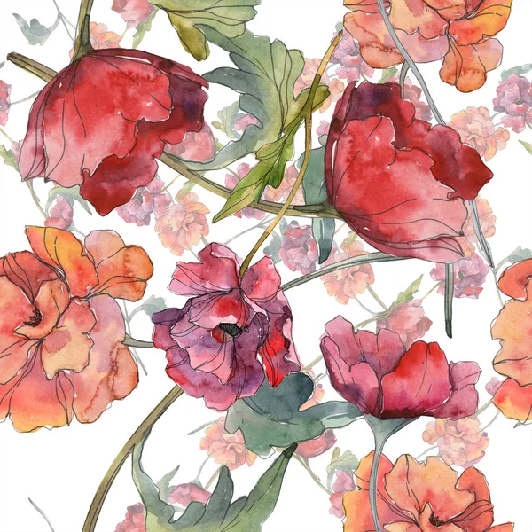 赤いポピーの花植物花 野生のばねの葉 水彩イラスト セット 水彩描画のファッション Aquarelle 分離します シームレスな背景パターン 壁紙印刷手触りの生地 — ストック写真
