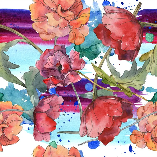 赤いポピーの花植物花 野生のばねの葉 水彩イラスト セット 水彩描画のファッション Aquarelle 分離します シームレスな背景パターン 壁紙印刷手触りの生地 — ストック写真
