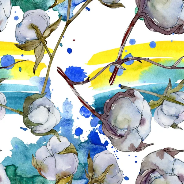 白い綿植物の花 野生春葉ワイルドフラワー 水彩イラスト セット 水彩描画のファッション Aquarelle 分離します シームレスな背景パターン 壁紙印刷手触りの生地 — ストック写真