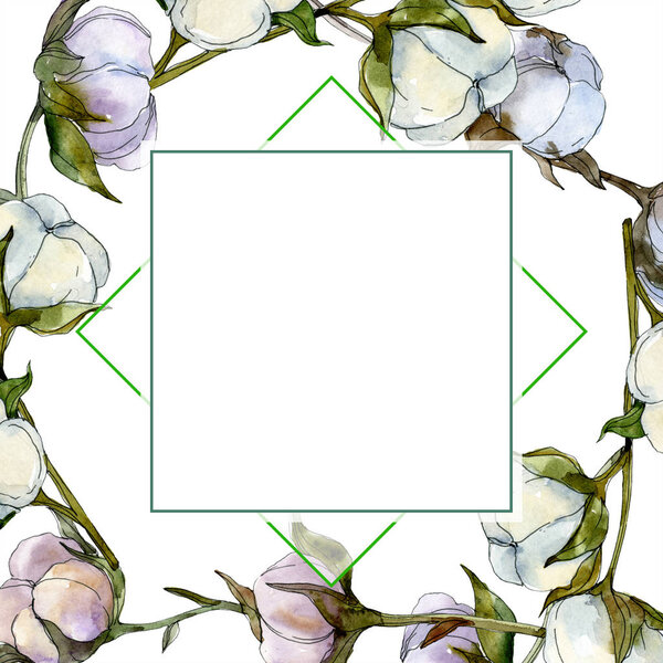 Cotton floral botanical flower. Wild spring leaf wildflower isolated. Watercolor background illustration set. Watercolour drawing fashion aquarelle isolated. Frame border ornament square.
