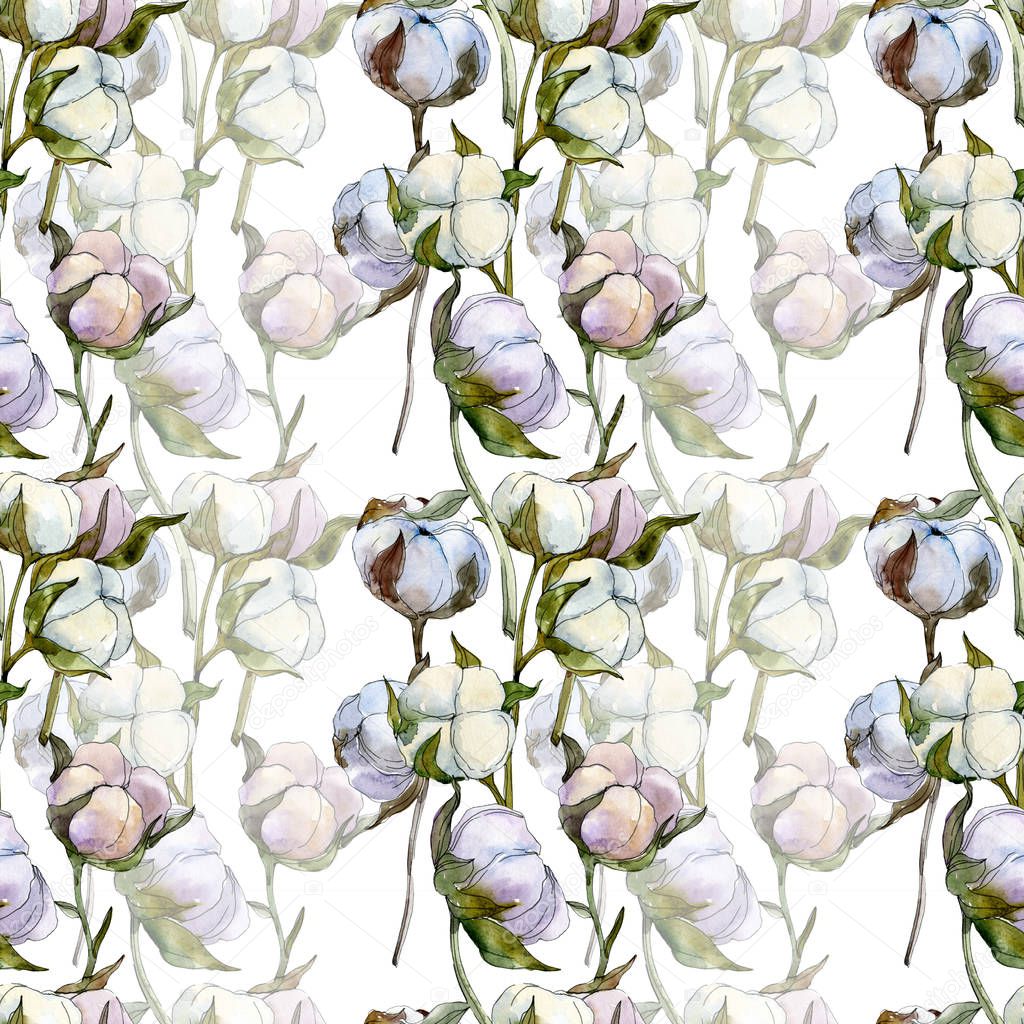 Cotton floral botanical flower. Wild spring leaf wildflower. Watercolor illustration set. Watercolour drawing fashion aquarelle isolated. Seamless background pattern. Fabric wallpaper print texture.