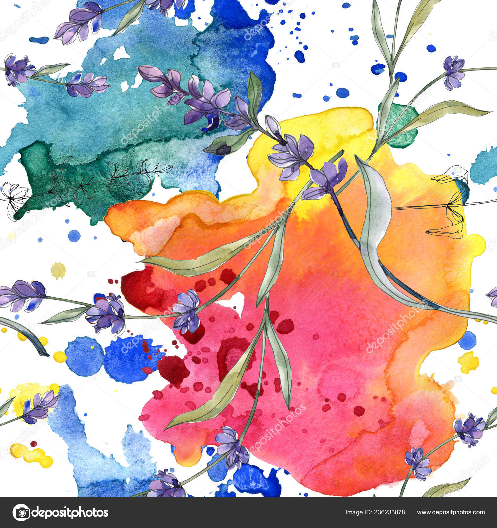 Purple Lavender Watercolor Illustration Set Seamless Background Pattern