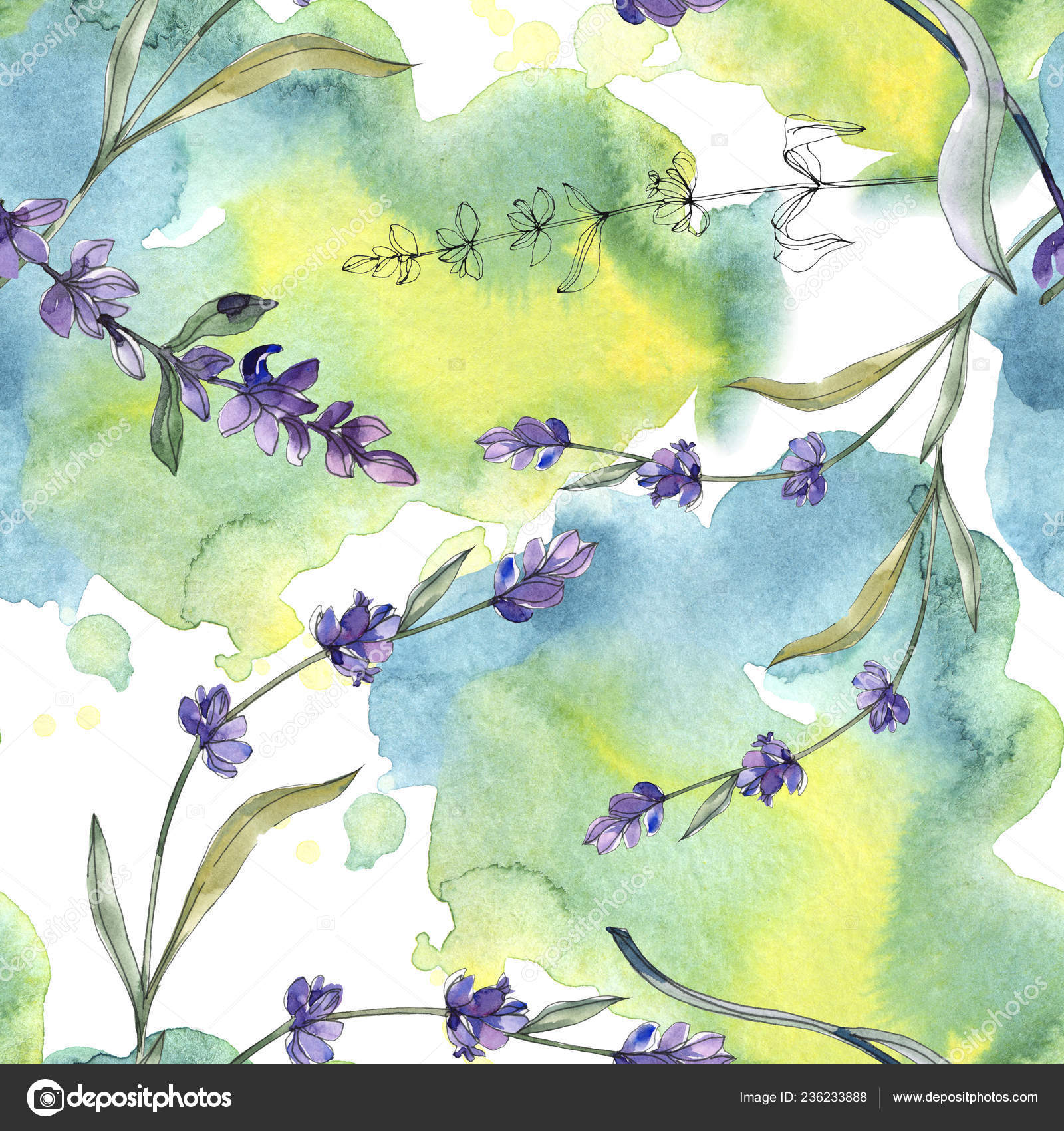 Purple Lavender Watercolor Illustration Set Seamless Background Pattern